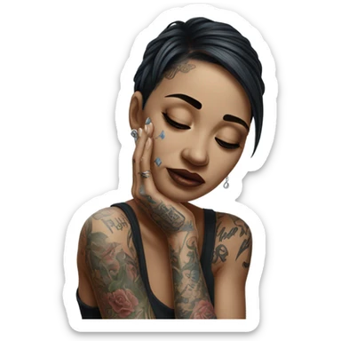 Hyper Realistic Beautiful tattooed woman crying reaching out  sticker