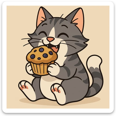 a grey and white cat happily munching on a blueberry muffin, cartoon style, colorful illustration sticker