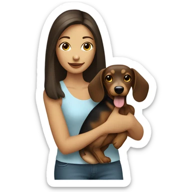 a brunette girl holding a blonde sausage dog sticker
