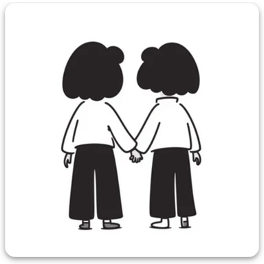 Silhouette of two identical twins seen from behind, standing side by side in pastel colors (dd9fb0, ffc6d3, a3bfc9, c4bee2, f1b091), hand-drawn doodle style sticker