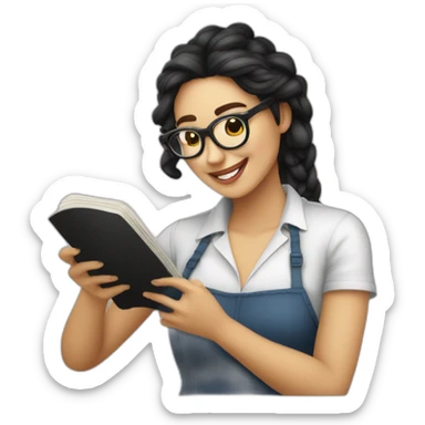 mujer piel blanca gafas pelo negro largo comiendo spaguetti y camarones sticker