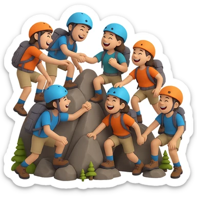 Show a group climb scene with several hikers climbing rocks together, all with cheerful expressions and laughing. The style should be 3D emoji style, and the background should be removed for clarity. sticker