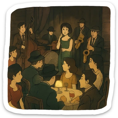 1940s jazz nightclub scene, ghibli style, moody lighting, no text sticker