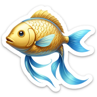 Luminous golden fish icon with flowing lines, stylized as an omega-3 symbol. The fish has a metallic gold appearance with gentle light emanating from within, creating a magical, ethereal quality against a subtle blue glow. sticker