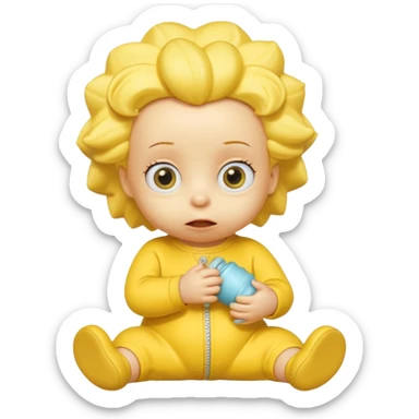 A 3D cartoon baby character entirely yellow, yellow skin, styled like Maggie Simpson, with pacifier, yellow onesie, big eyes, smooth shading, Memoji-style rendering, consistent with other yellow Simpsons characters. sticker
