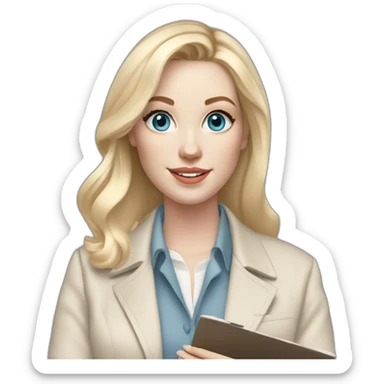pale skin woman interior designer with cold blonde middle length hair, blue eyes, beige blouse, White oversize jacket, Gray skirt holding a color palette in the hands sticker