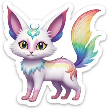 Jumping-Pure-snow-White albino iridescent with pastel rainbow-gradients-color-markings with swirly patterns butterflies  faerie-Noivern-Noibat-Purloin-Torracat-Lykoi-Caracal-cat-Fakemon-fusion-hybrid-creature- sticker