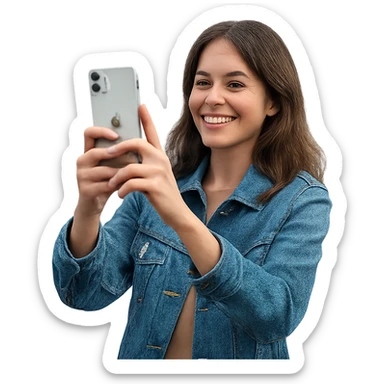 a woman using an iPhone to take a photo, outdoor setting, casual attire, happy expression sticker
