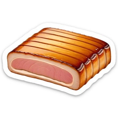 Cinematic tender pork belly, slow-roasted to perfection, crispy caramelized edges, glistening with juices, sliced into thick, rich layers, warm golden tones, luxurious and indulgent. sticker