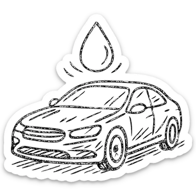 hand-drawn outlined icon of a full high-end vehicle with glossy black paint, water droplet sliding on the surface, subtle repellent effect with lines, clean and modern sticker