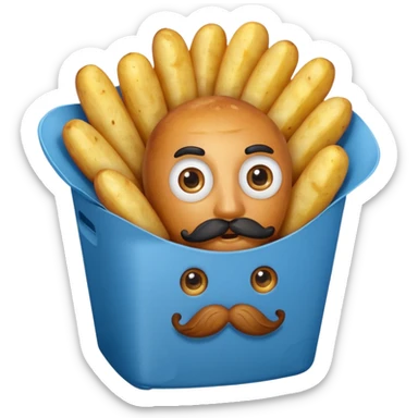 fried potatoes in a blue carton, carton has eyes and mustache sticker