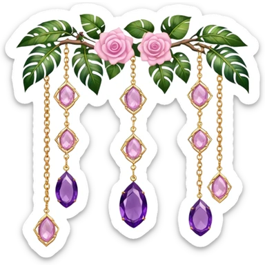 Hanging suncatcher, gold chains with shiny sparkly amethyst and rose-quartz gemstones, roses, beautiful tropical leaves, gorgeous aesthetics sticker