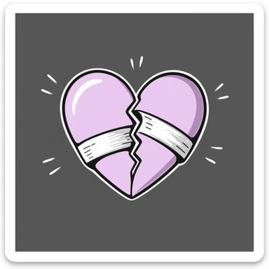 broken heart emoji with jagged split and bandage over the crack, chalk style, soft lilac color palette, rough doodle-like texture as if drawn with pastel chalk on a dark surface, surrounded by soft curved motion lines, aesthetic and emotional Telegram channel sticker