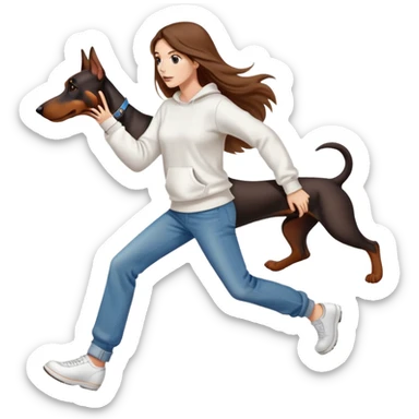 A beautiful girl with long hair wearing a white sweatshirt and jeans is chasing Doberman sticker