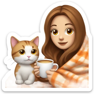 White girl brown hair sipping coffee with orange and white cat in blanket  sticker