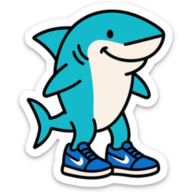 smiling shark standing upright on two legs wearing blue Nike sneakers outlined with vibrant colors sticker