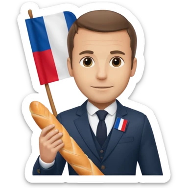 Macron avec une baguette et un drapeau français derrière lui sticker