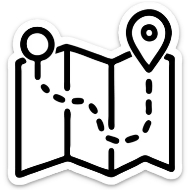 black outlined icon of a map with a route, representing travel sticker