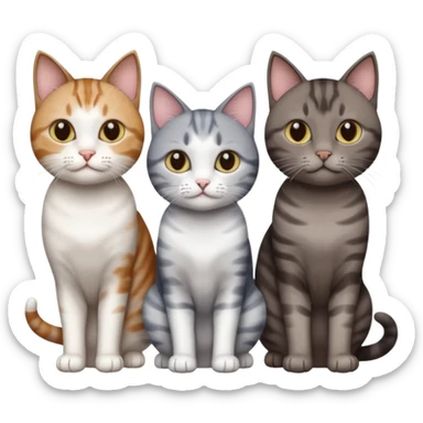 3 different coloured short haired cats including; a dark brown tabby and white cat, and a dark grey and white  sticker
