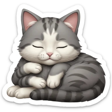 dark grey and white small cat with closed eyes, leaning his head on his paw while leaning on his elbow lying down sticker