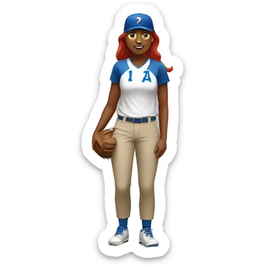 a standing white female coach with long red hair, wearing a white t-shirt and a simple blue baseball hat, in a friendly and confident pose sticker