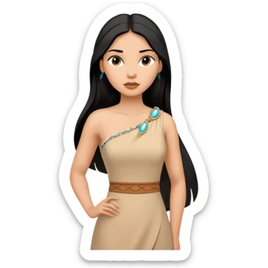 Pocahontas from hips up, tan dress with one shoulder, long black hair, minimal style but clearly recognizable sticker