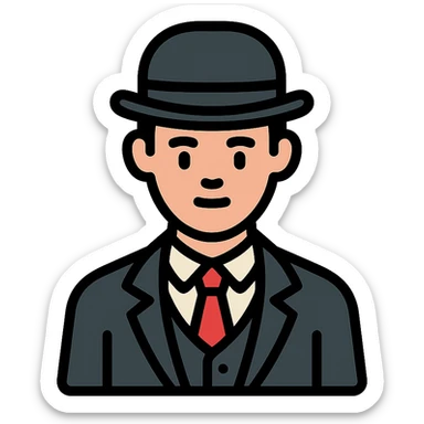 man in a vintage black and white suit, no facial hair, colored outline icon sticker