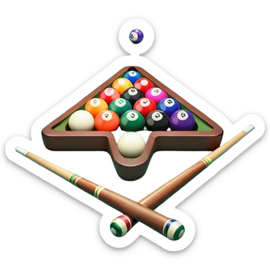 Two crossed pool cues resting on a billiard table, with colorful billiard balls scattered across the surface. The background features the felt of the table, creating an inviting atmosphere for a game of precision and strategy sticker