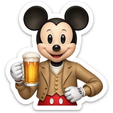 Mickey Mouse holding a beer sticker
