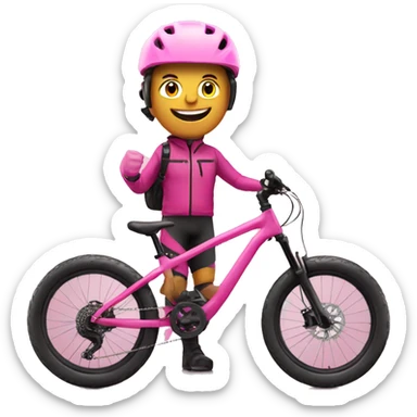 mountain biker on pink bike with thumb up sticker