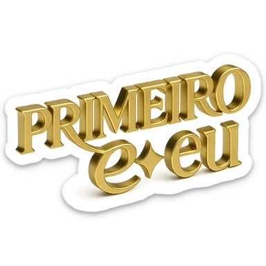 Golden metallic text that reads 'PRIMEIRO ✦ eu' in a serif font, with the words 'PRIMEIRO' and 'eu' separated by a diamond-shaped sparkle or glowing star symbol. The 'R' in 'PRIMEIRO' should have a long elegant tail that curves underneath the 'O'. d. Keep the font and layout exactly as shown in the original reference. sticker