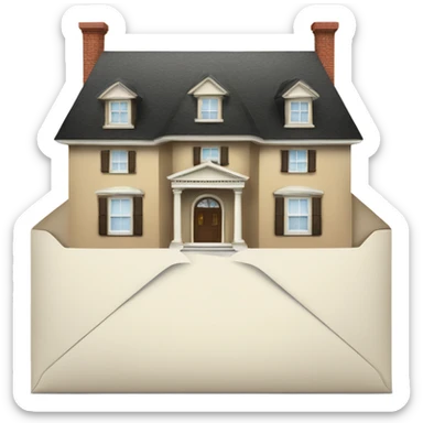 A large house, with envelopes taped to the front  sticker