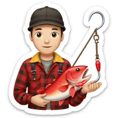 vit Ung man med svart keps röd gul rutig flanellskjorta hållandes en brun båtshake med hängande jättestor torsk sticker