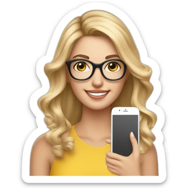Blonde Frau Schulterlange Balayage mit Strähnchen mit Brille und smartphone in der Hand sticker