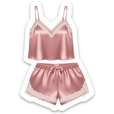 Dusty pink satin pajama shorts and camisole set with lace trim  sticker