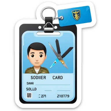 black Scissors cutting a light blue idf soldier ID card in 2 parts .hyper realistic sticker