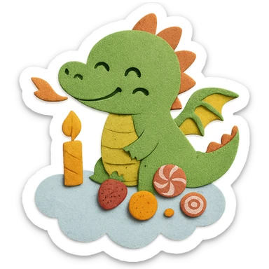 Make the dragon's eyes have a 1-line smile appearance, and add some candy and fruits on the cloud. All other design elements remain unchanged sticker
