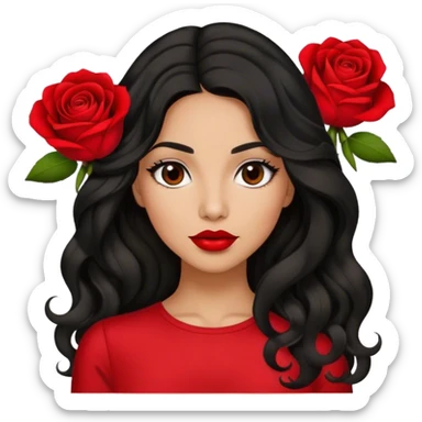 Red lips Olive brown eyed women with black long wavy hair rose background red top sticker