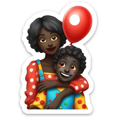 Dark skin girl hugging a clown, clown has on clown makeup, red nose,  sticker