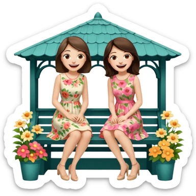 Two brunette women sitting on a white gazebo sticker