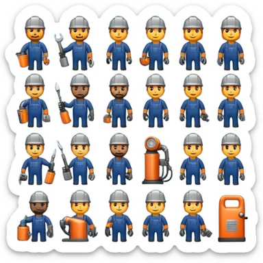 Professional custom emojis of industrial workers: welder, grinder, CNC operator, spray painter, metalworker. Modern, clean, slightly 3D style. Industrial color palette: steel gray, navy, orange. Transparent background sticker