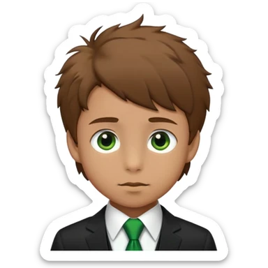 Boy in black suit green tie with brown short fluffy hair and long nose sticker