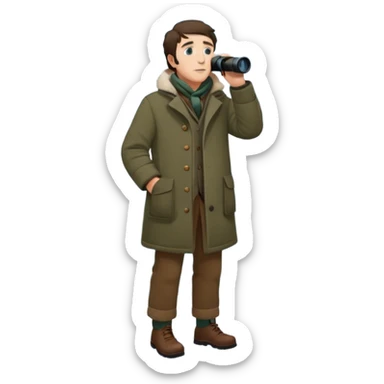 henry David thoreau full body looking up  birdwatching with binoculars in snow sticker