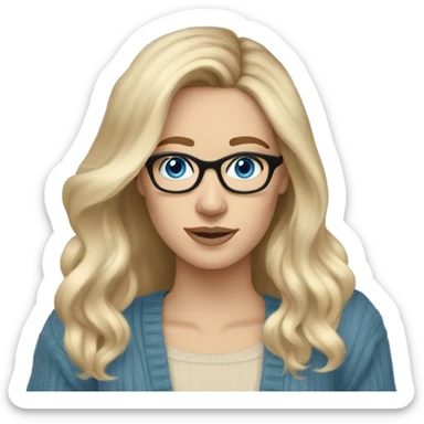 Blonde balayage long hair white women beige sweater blue eyes and small glasses holding phone  sticker