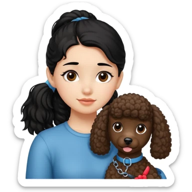 Ponytail black hair girl with brown Poodle say goodbye  sticker