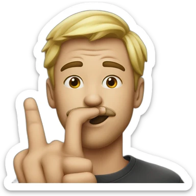 A guy with his finger in his mouth making the silence sign sticker