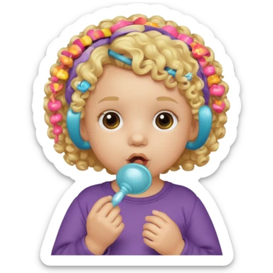 Close-up, curly blonde-haired toddler, pacifier sticker