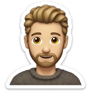 White man with a short beard and a manbun, brunette, wearing a necked wool sweater sticker