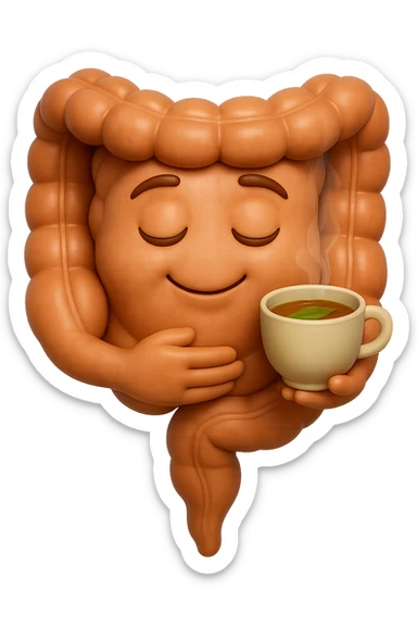 emoji stile iphone 3d di intestino umano sereno che si tocca la pancia mentre sorseggia un thè alle erbe, iperrealistico 4k sticker