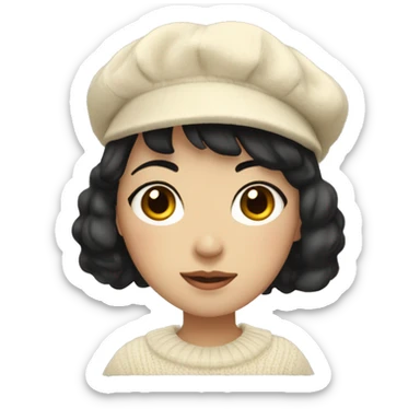 korean girl short black hair sharp jawline, wearing a cream sweater and beret sticker
